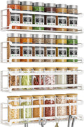 White wall-mounted spice rack holding spice jars inside a kitchen cabinet door.