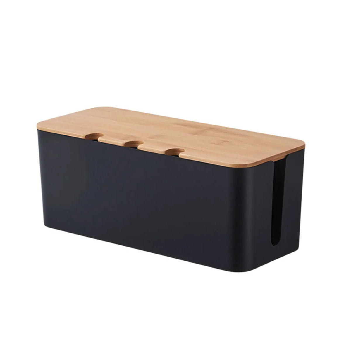 Wooden-style cable management box concealing cords and a power strip under a desk.