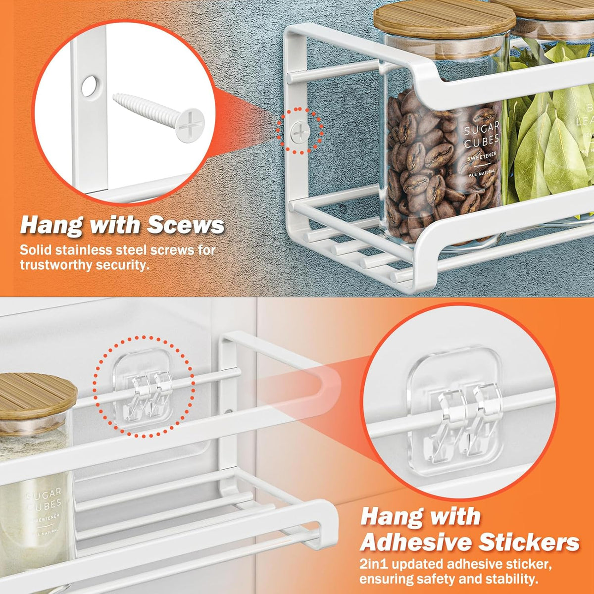 White wall-mounted spice rack holding spice jars inside a kitchen cabinet door.