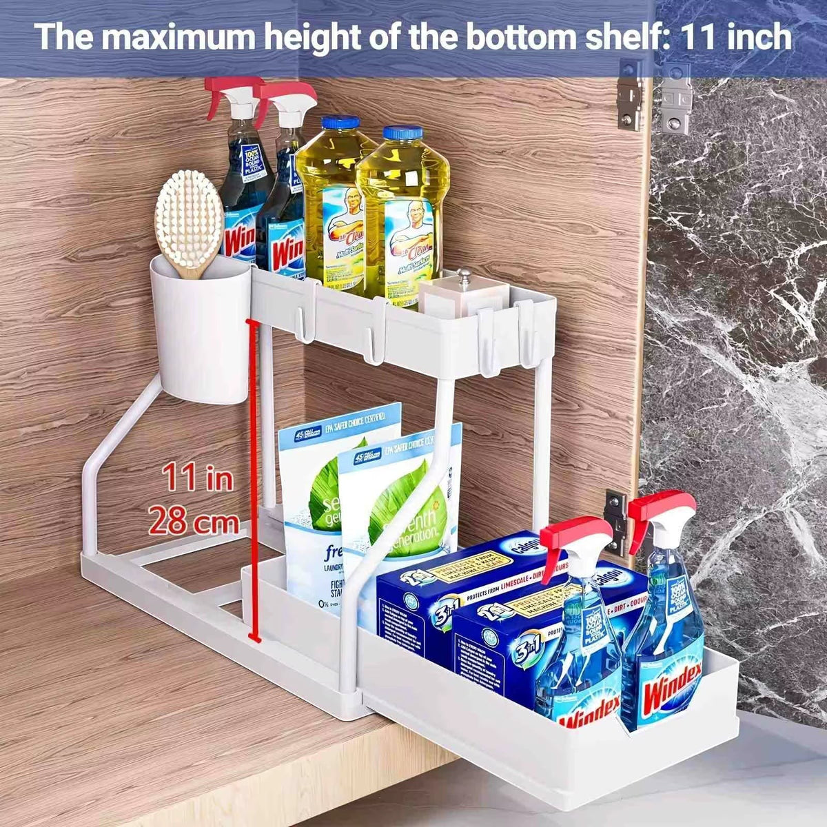 2-tier pull-out storage organizer installed inside an under-sink cabinet.