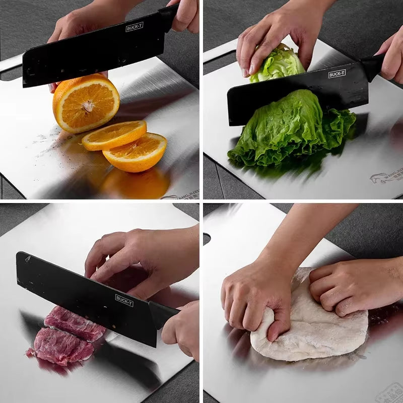 Stainless steel antibacterial cutting board on a kitchen counter with sliced vegetables.