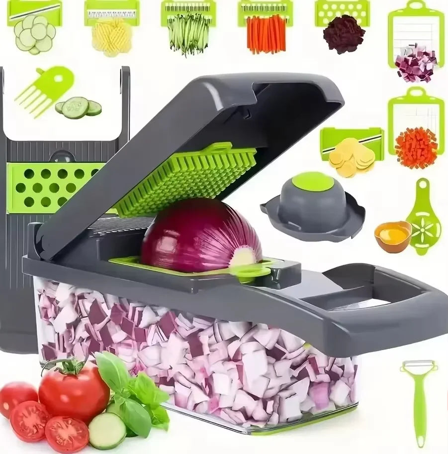 Multifunctional vegetable slicer with attached storage basket on a kitchen counter.
