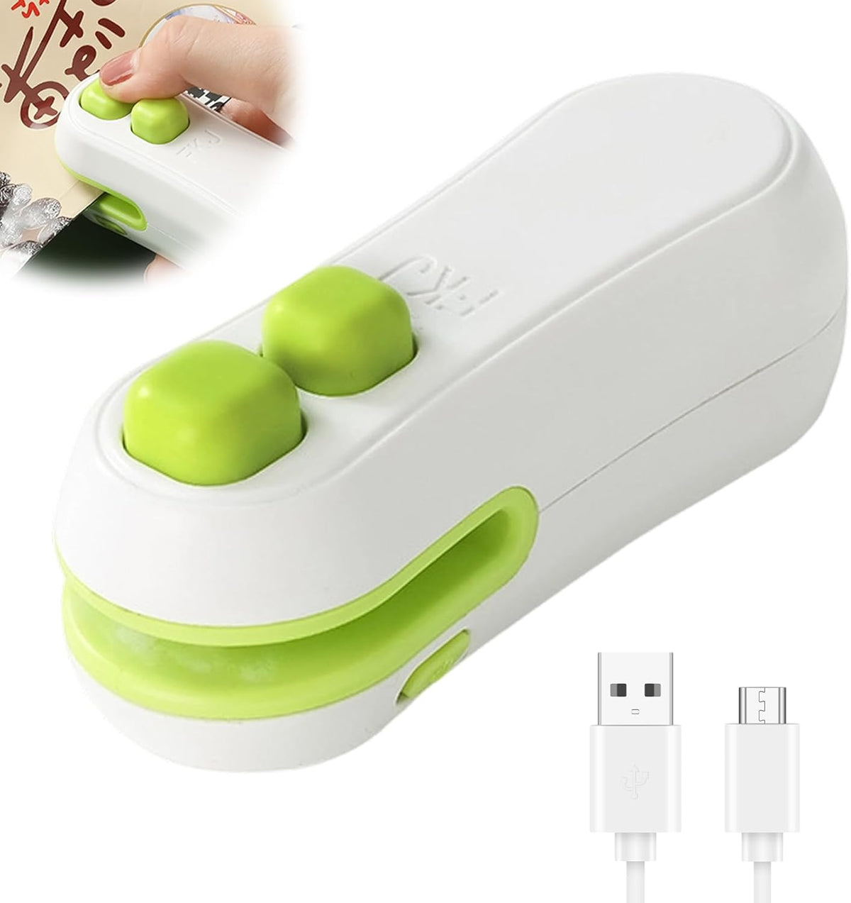 Rechargeable handheld mini bag sealer sealing the top of a snack bag.