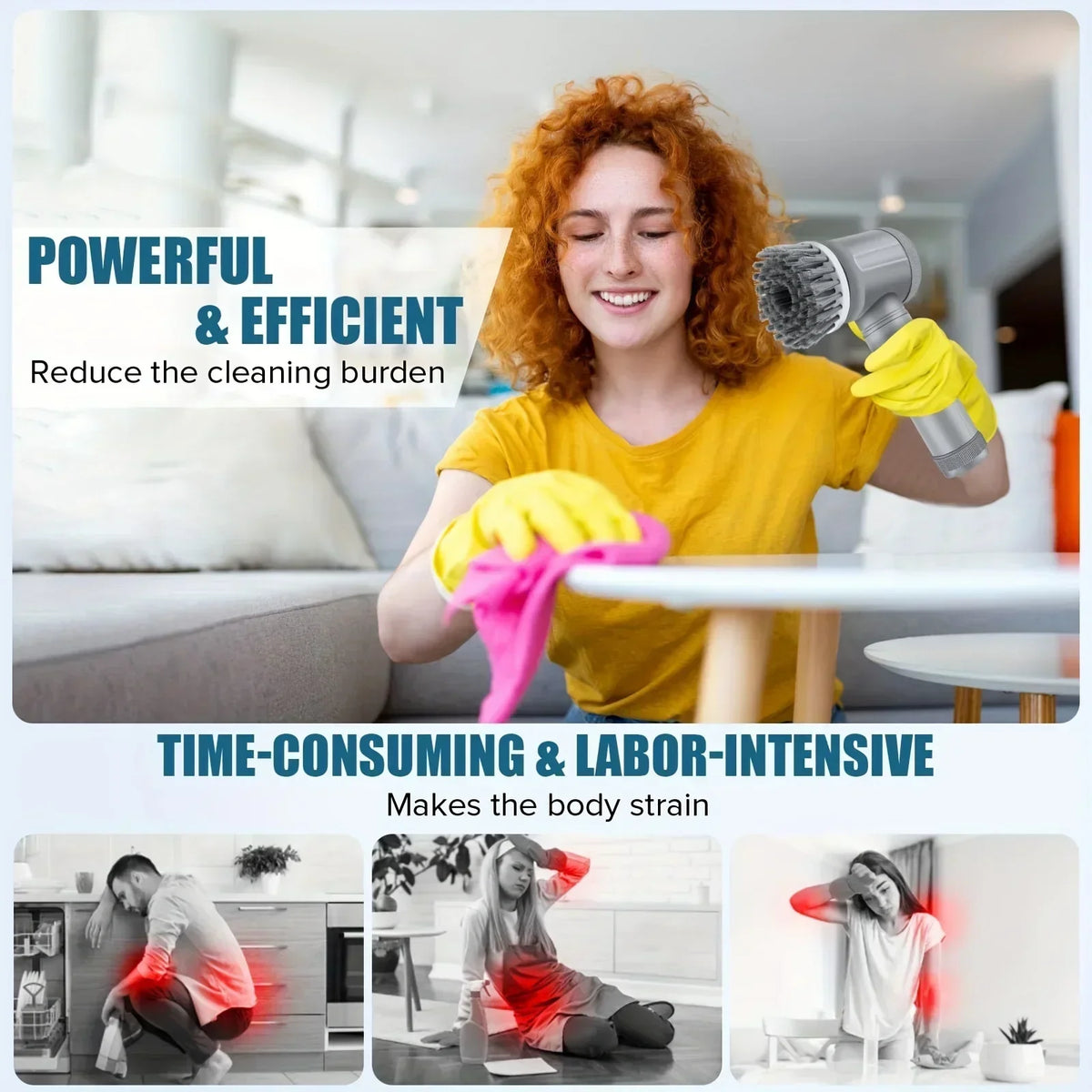 Cordless electric spin scrubber with replaceable brush head cleaning a bathroom tile surface.