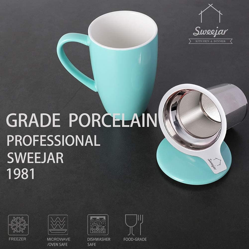 Sweejar Porcelain Tea Infuser Mug with Lid, 16 Oz Teacup with Strainers for Loose Leaf Tea, Microwave and Dishwasher Safe Coffee Mug(Turquoise)