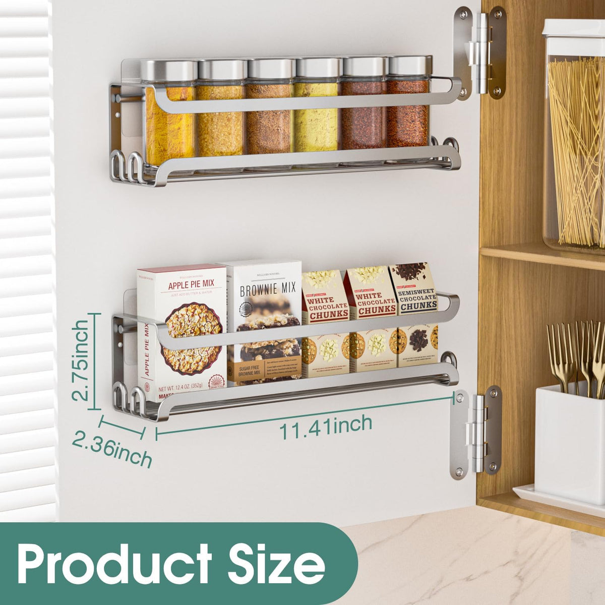 Silver wall-mounted spice rack with metal hooks mounted inside a pantry door.