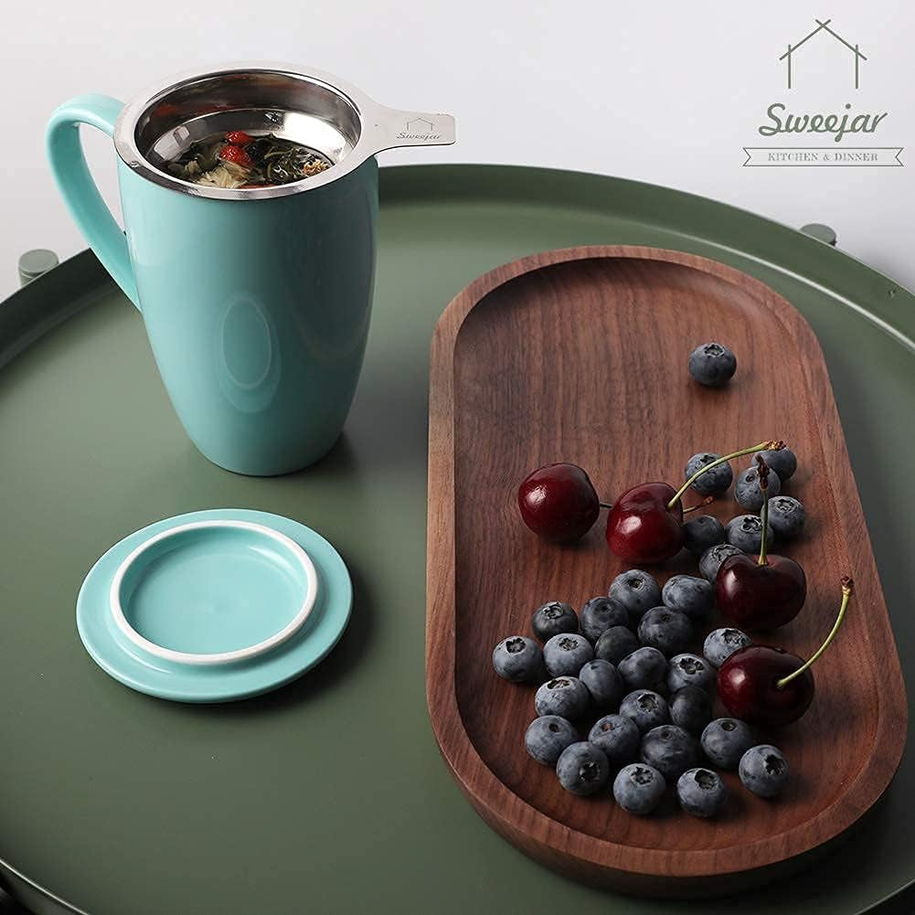 Sweejar Porcelain Tea Infuser Mug with Lid, 16 Oz Teacup with Strainers for Loose Leaf Tea, Microwave and Dishwasher Safe Coffee Mug(Turquoise)