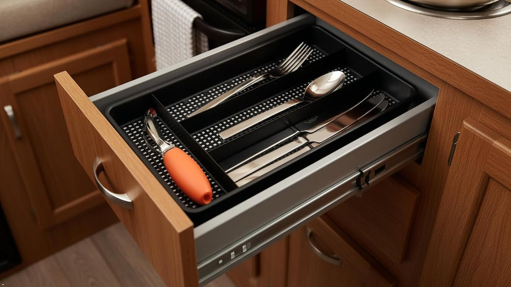 Black compact utensil drawer organizer fitted inside a narrow kitchen drawer.