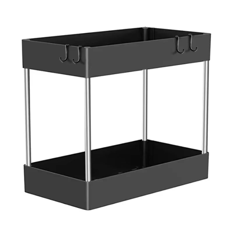 2-tier multipurpose storage rack organizing items inside a bathroom cabinet.