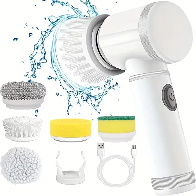 Cordless electric spin scrubber with replaceable brush head cleaning a bathroom tile surface.