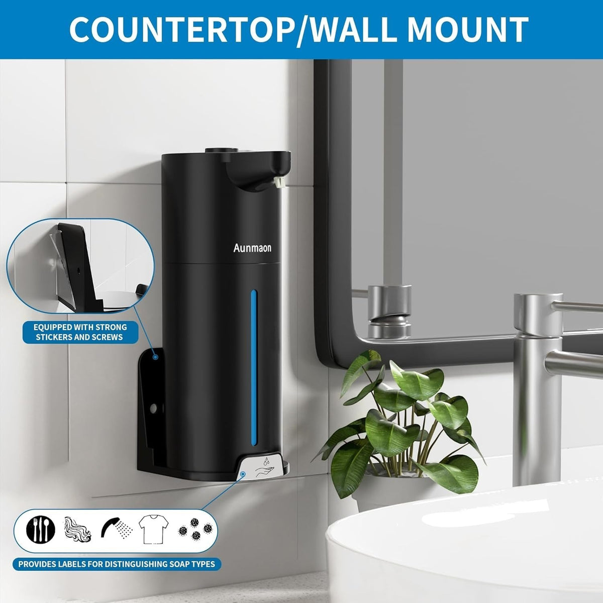 Touchless automatic soap dispenser mounted near a kitchen sink dispensing liquid soap.