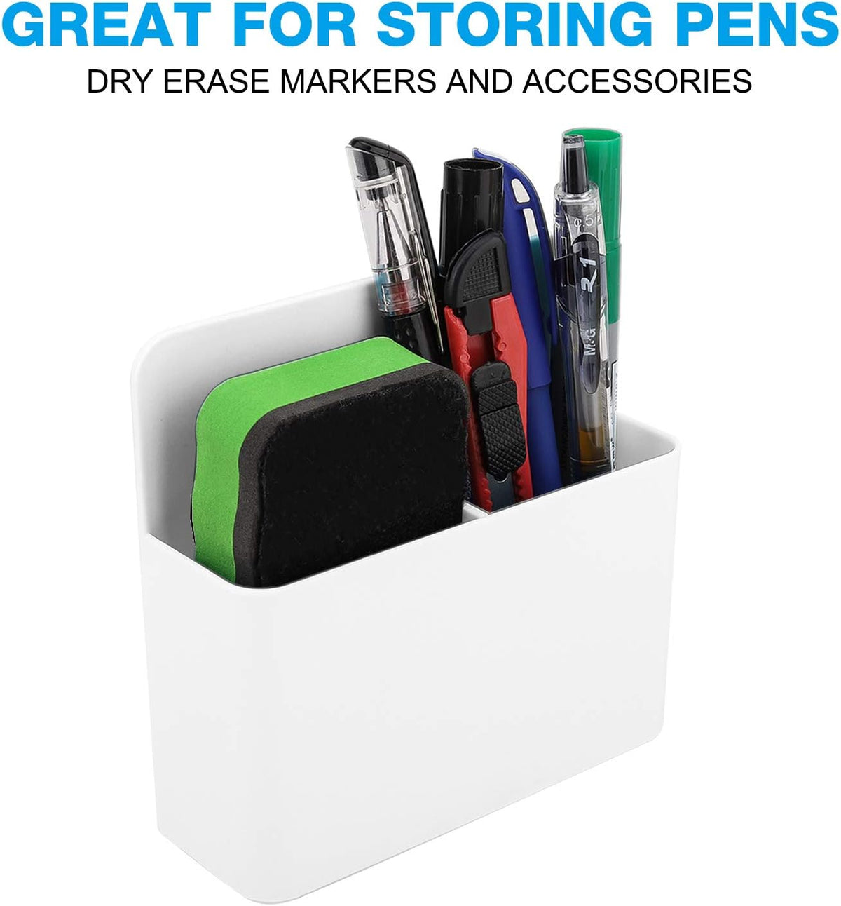 White magnetic marker holder attached to a whiteboard holding dry erase markers.