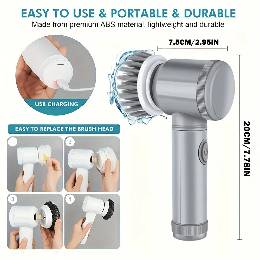 Cordless electric spin scrubber with replaceable brush head cleaning a bathroom tile surface.