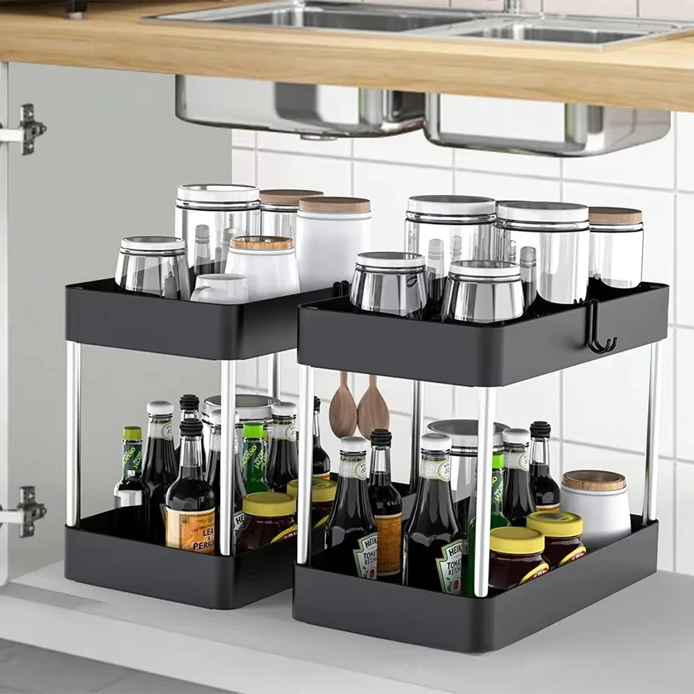 2-tier multipurpose storage rack organizing items inside a bathroom cabinet.