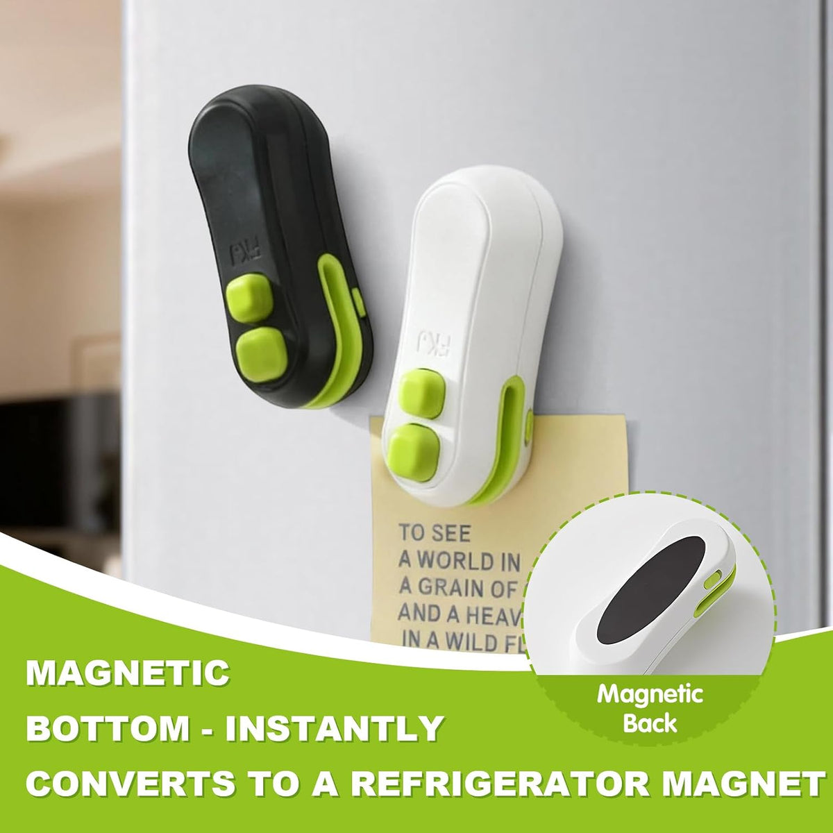Rechargeable handheld mini bag sealer sealing the top of a snack bag.