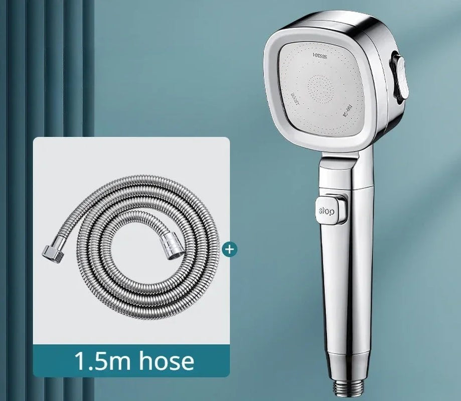 High-pressure water-saving shower head mounted in a modern bathroom.