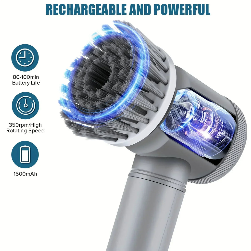 Cordless electric spin scrubber with replaceable brush head cleaning a bathroom tile surface.