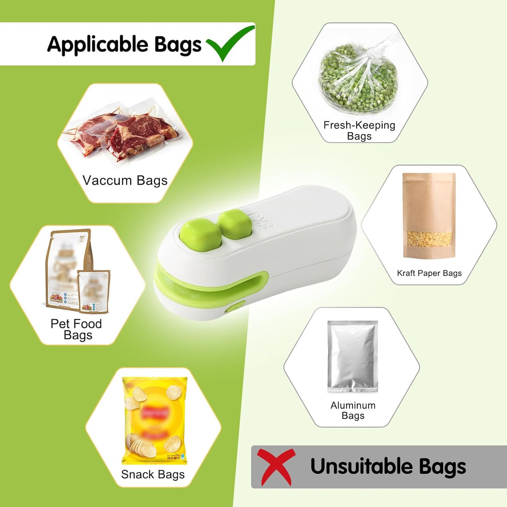 Rechargeable handheld mini bag sealer sealing the top of a snack bag.