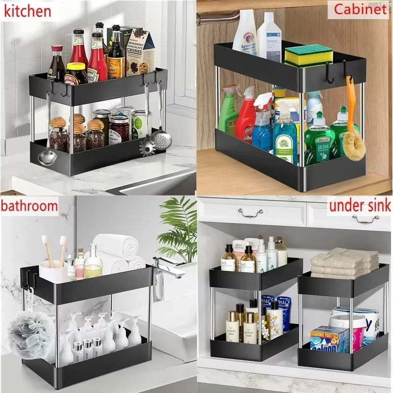 2-tier multipurpose storage rack organizing items inside a bathroom cabinet.