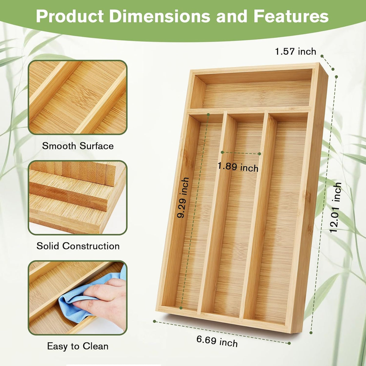 Bamboo silverware drawer organizer holding neatly divided spoons, forks, and knives.