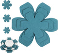 Blue pan protectors separating stacked pots and pans in a kitchen cabinet.
