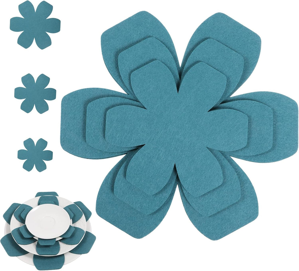 Blue pan protectors separating stacked pots and pans in a kitchen cabinet.