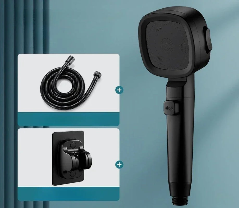 High-pressure water-saving shower head mounted in a modern bathroom.