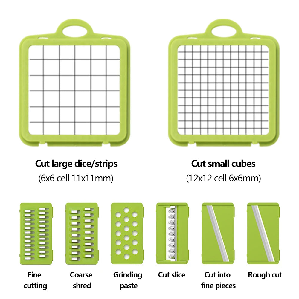 Multifunctional vegetable slicer with attached storage basket on a kitchen counter.