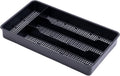 Black compact utensil drawer organizer fitted inside a narrow kitchen drawer.