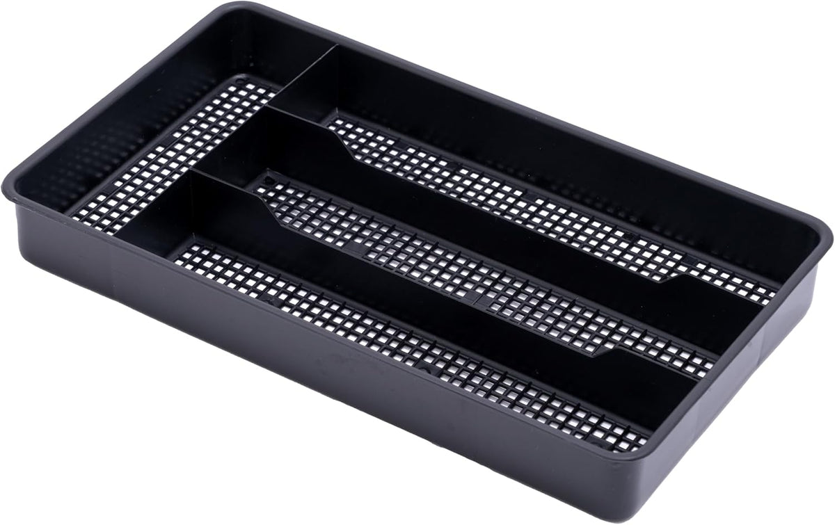 Black compact utensil drawer organizer fitted inside a narrow kitchen drawer.