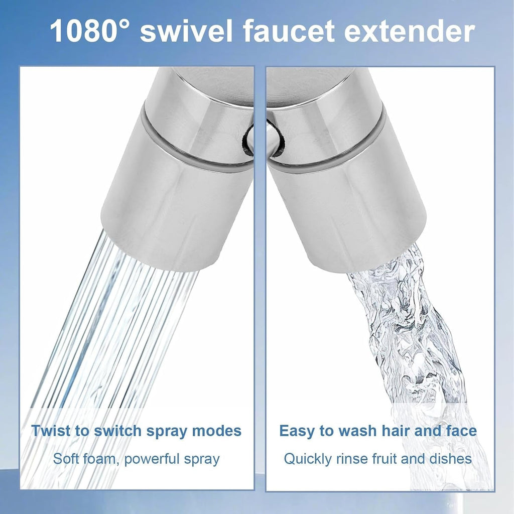 U-shaped faucet extender attached to a bathroom sink faucet at an angle.