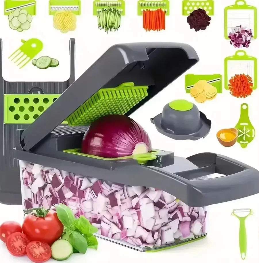 Multifunctional vegetable slicer with attached storage basket on a kitchen counter.