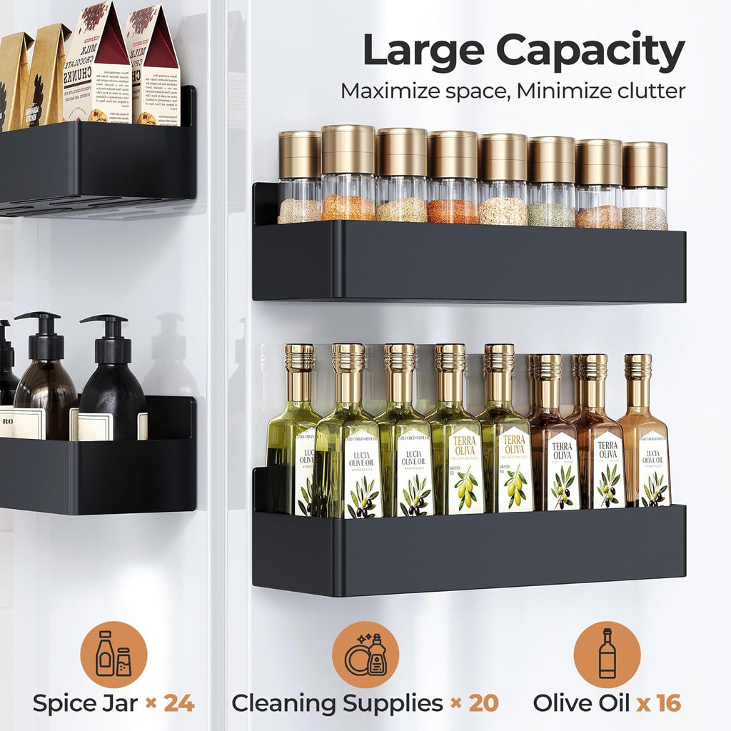 Magnetic spice rack mounted on the side of a refrigerator holding spice jars.