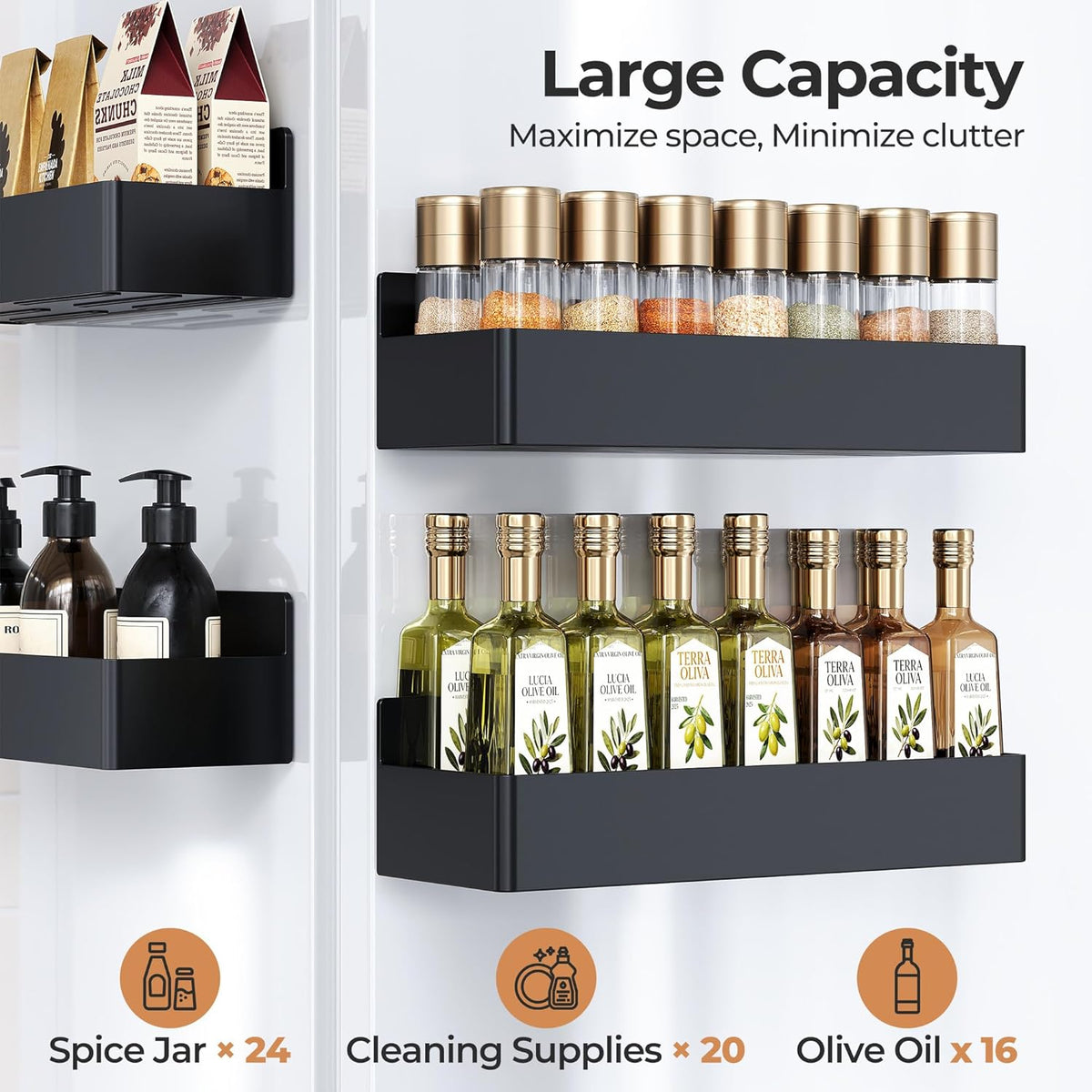Magnetic spice rack mounted on the side of a refrigerator holding spice jars.