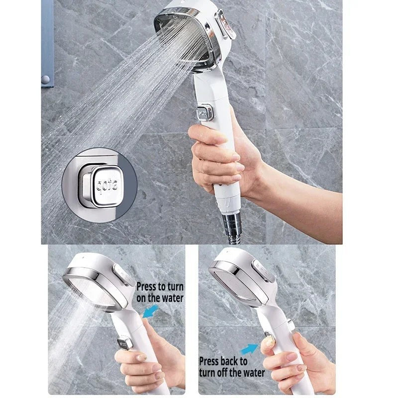 High-pressure water-saving shower head mounted in a modern bathroom.