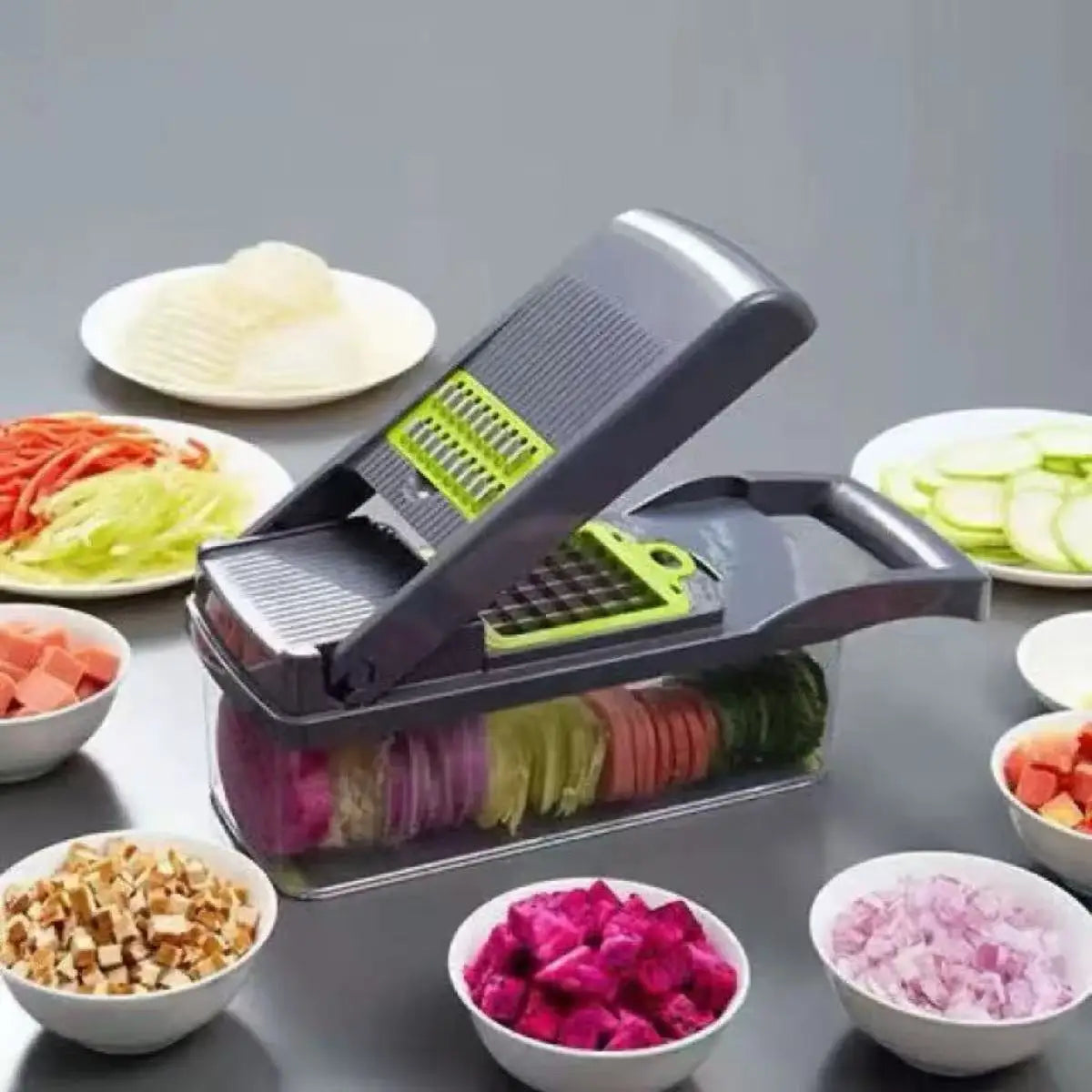 Multifunctional vegetable slicer with attached storage basket on a kitchen counter.