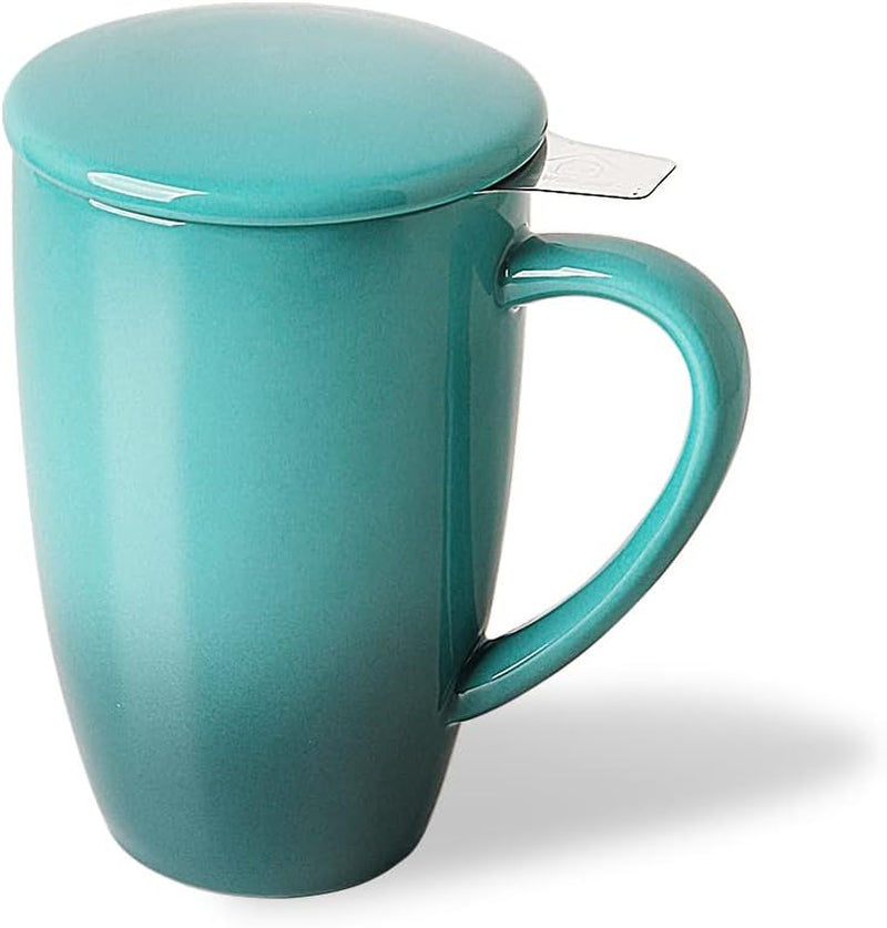 Sweejar Porcelain Tea Infuser Mug with Lid, 16 Oz Teacup with Strainers for Loose Leaf Tea, Microwave and Dishwasher Safe Coffee Mug(Turquoise)
