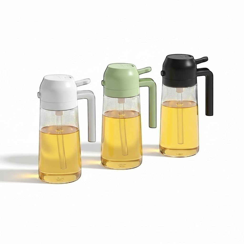 Simpson 2-in-1 oil spray and pour bottles in white, sage green, and black with glass bases filled with cooking oil.
