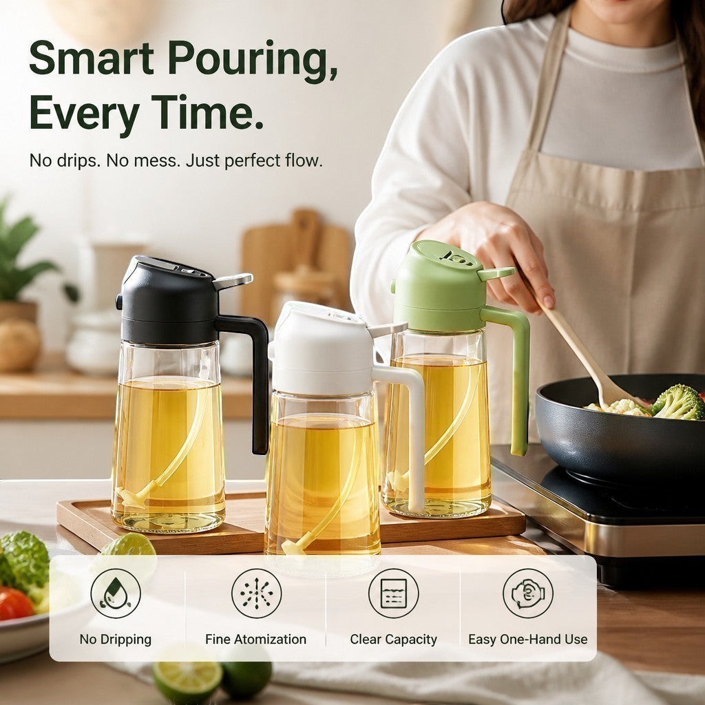 Simpson 2-in-1 olive oil spray and pour bottles in black, white, and green on a wooden tray in a kitchen setting.