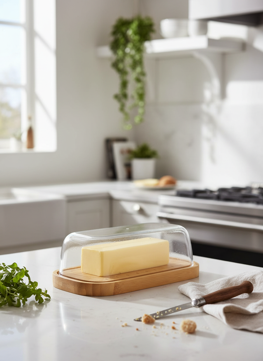 Simpson bamboo butter dish with clear plastic lid holding a stick of butter on a bright modern kitchen countertop