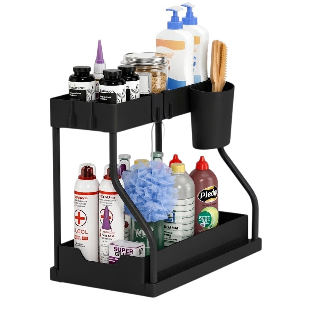 Simpson black 2-tier pull-out under sink organizer holding cleaning supplies, bottles, and bathroom essentials.