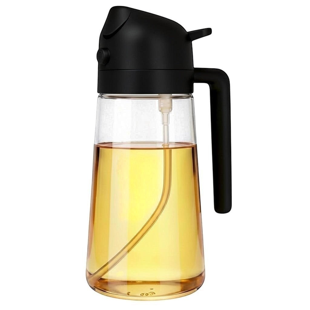 Simpson 500ml 2-in-1 glass olive oil bottle with a black handle and dual-function spray and pour nozzle
