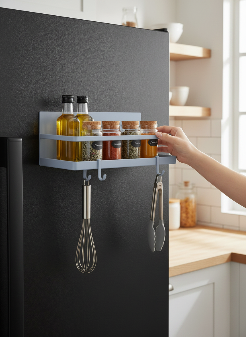 Simpson grey magnetic spice shelf attached to a black refrigerator with spice jars and hanging kitchen utensils