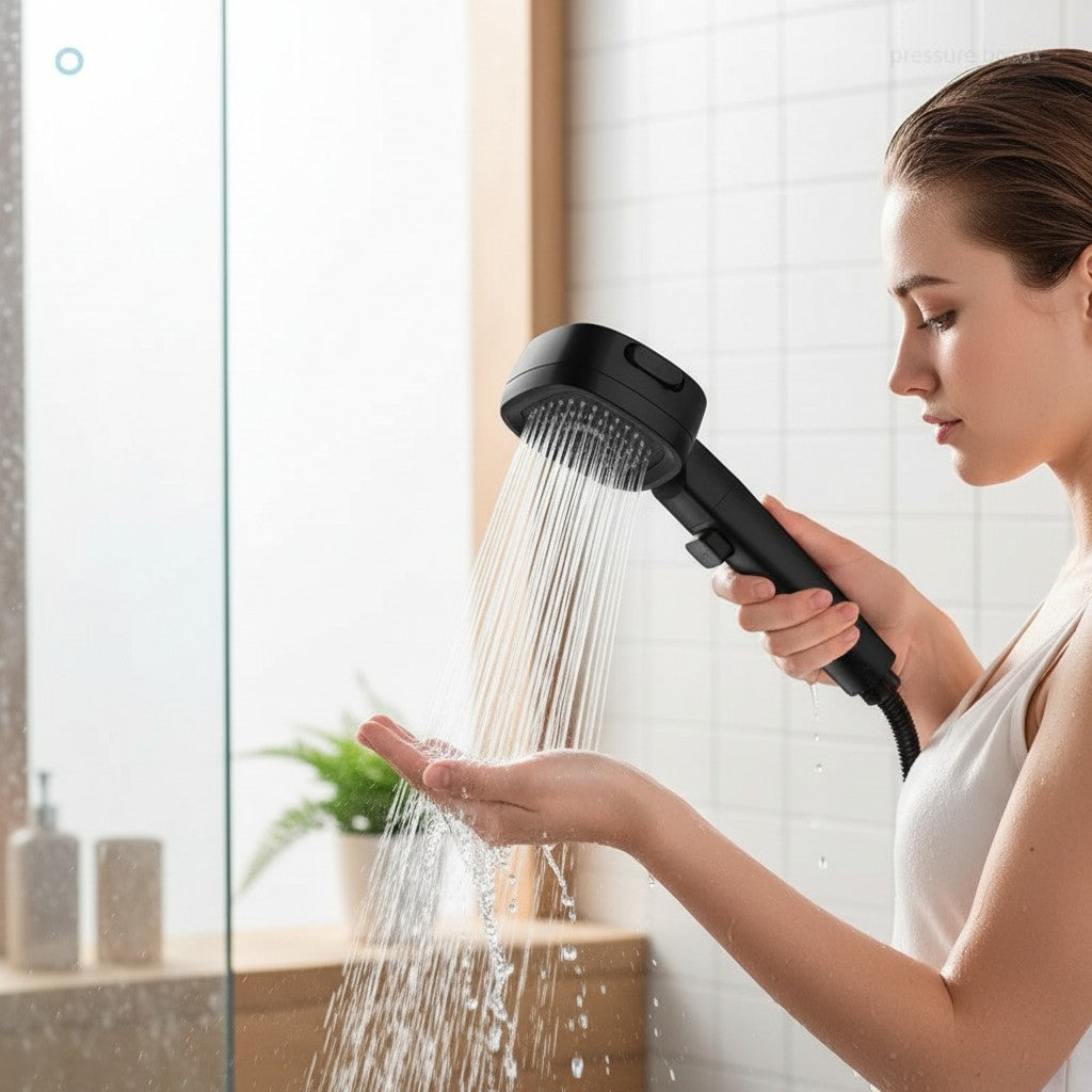 Simpson high-pressure water-saving shower head with three spray modes being tested by a woman in a modern bathroom.