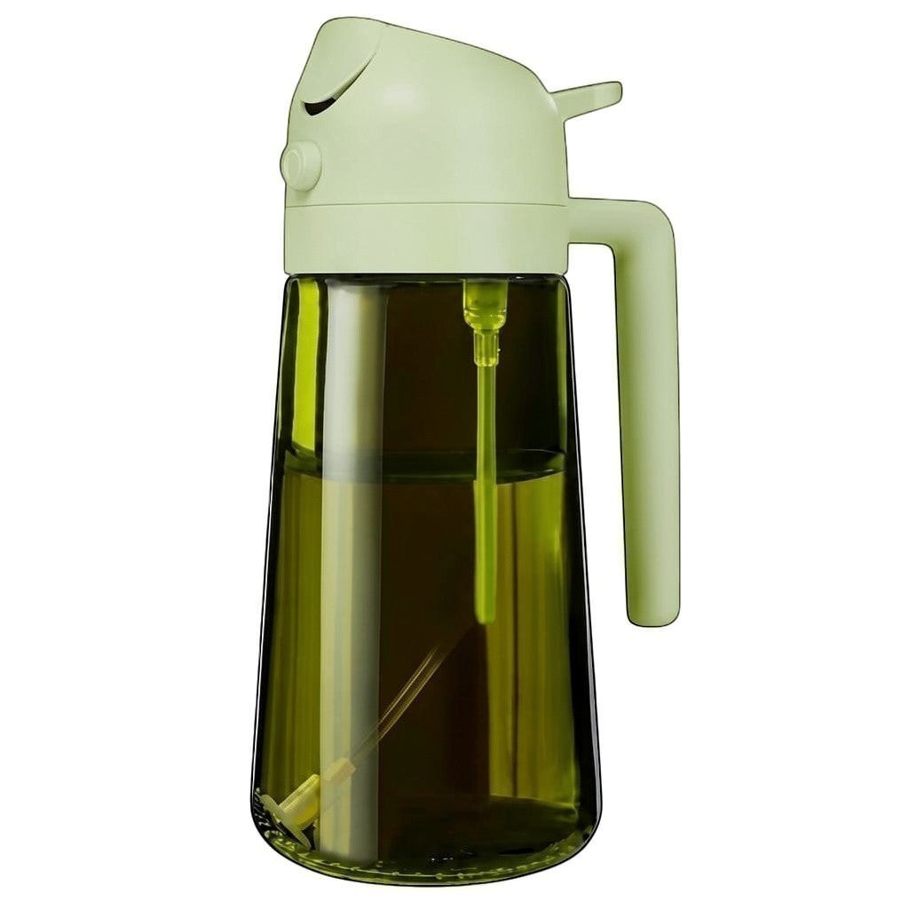 Simpson 500ml olive oil spray and pour bottle in green glass with a matching light green handle and nozzle.