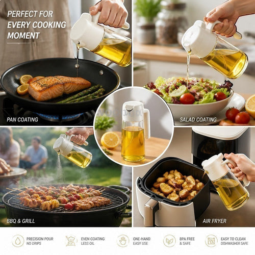 Simpson 2-in-1 olive oil spray and pour bottle being used to coat pans, salads, grills, and air fryer food.