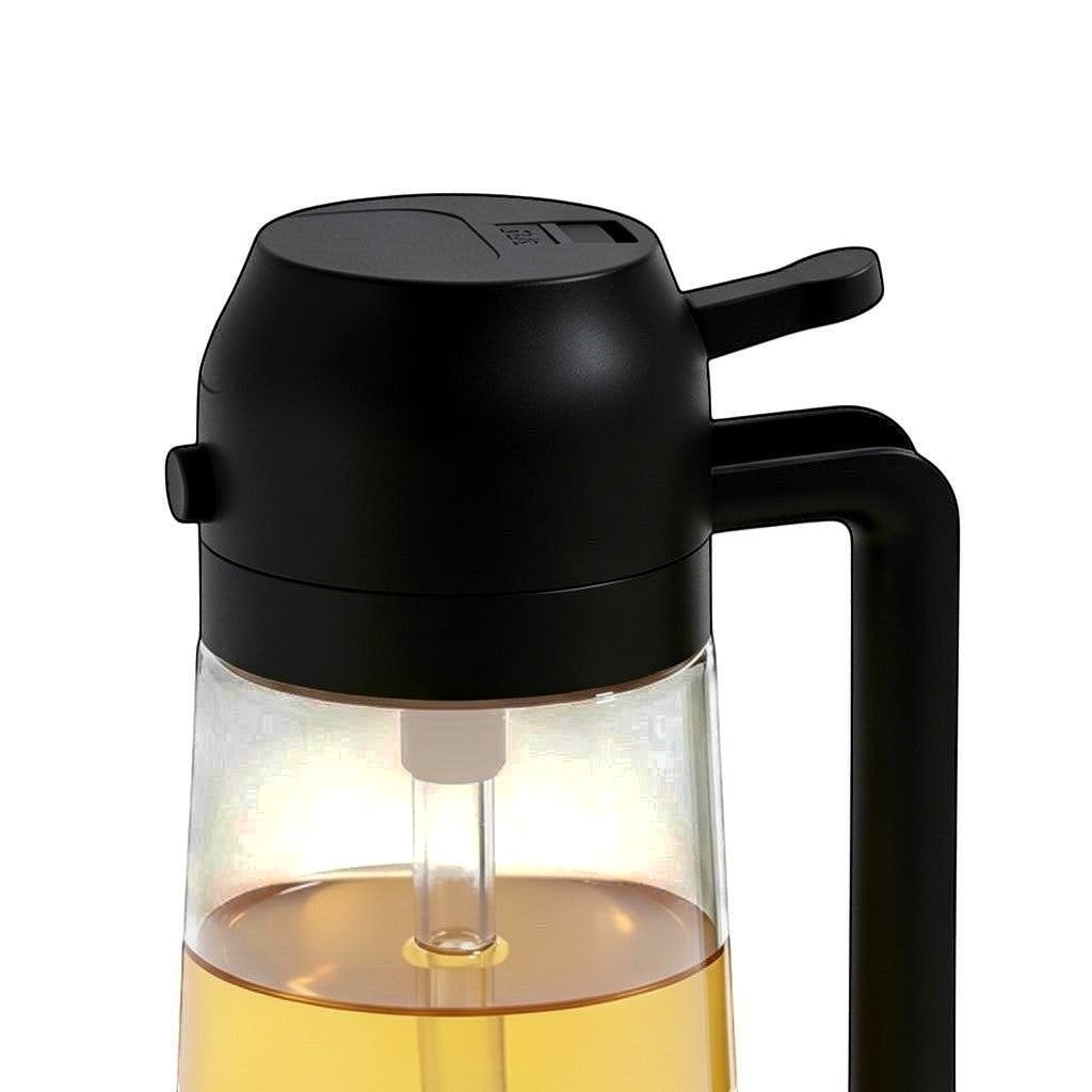Simpson 2-in-1 olive oil spray and pour bottle with a black lid and handle, showing the internal pump mechanism.