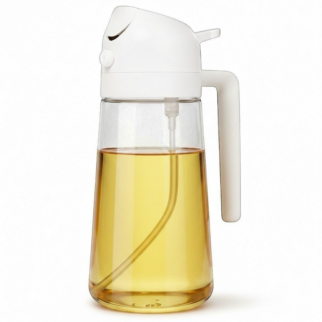 Simpson 500ml 2-in-1 olive oil spray and pour bottle with a clear glass base and white handle and nozzle.