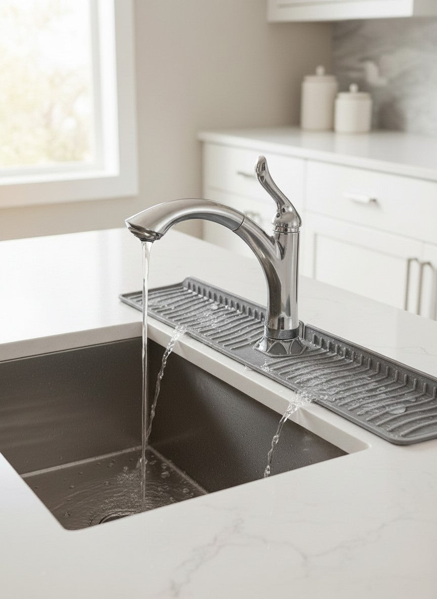 Simpson grey silicone faucet splash guard mat installed on a white kitchen counter to drain water into the sink