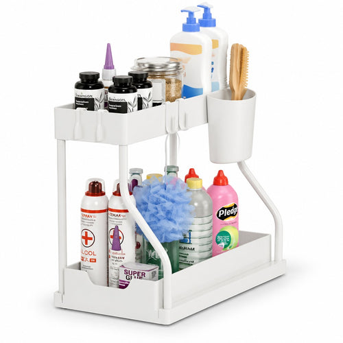 Simpson white 2-tier pull-out under sink organizer holding cleaning supplies and bottles for kitchen or bathroom storage